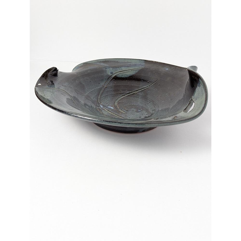 Vintage 1998 Signed Studio Pottery Folded Bowl Blue Brown Organic Shape